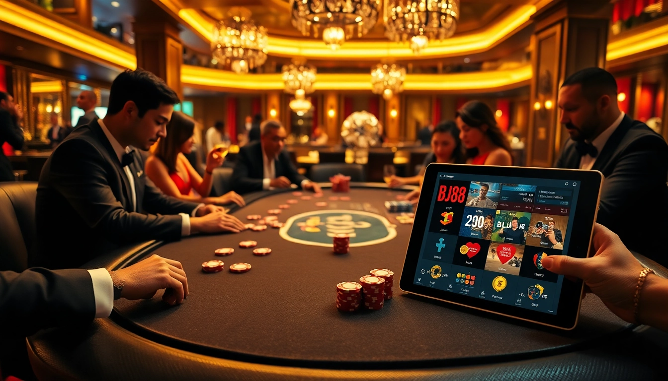 Engaged players at a BJ88 poker table in a luxurious casino filled with vibrant cards and chips.
