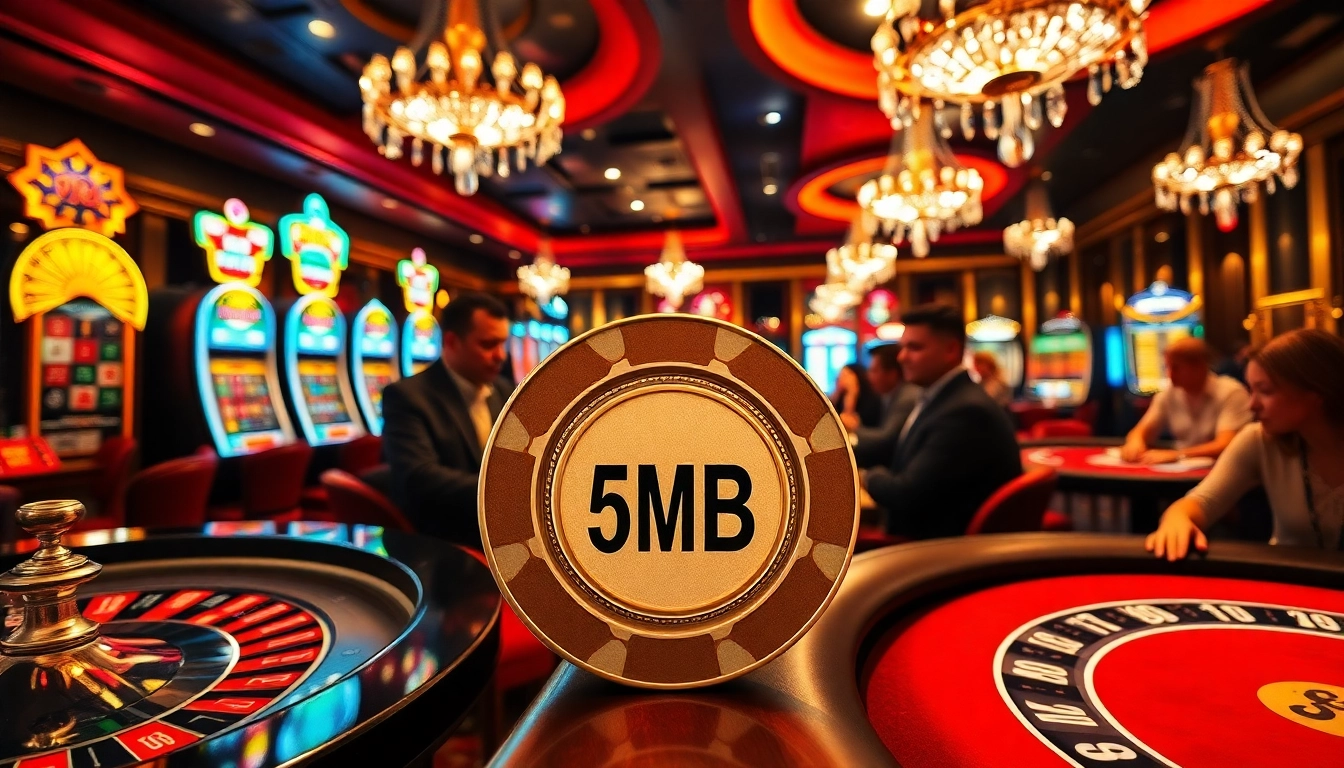 Players engage in thrilling games at a luxury casino with vibrant 5MB poker chips, roulette wheels, and excitement.