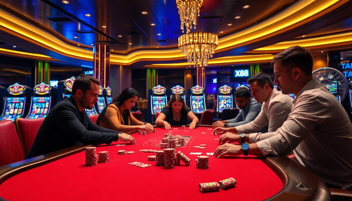 Players engage in a thrilling poker game at X88 casino, surrounded by vibrant slot machines and elegant decor.