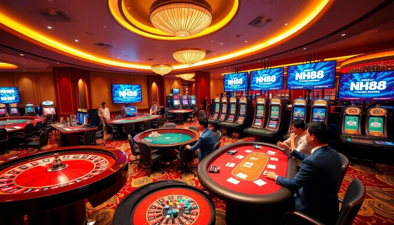 Exciting casino action with NH88 branding, featuring roulette, poker tables, and vibrant gaming ambiance.