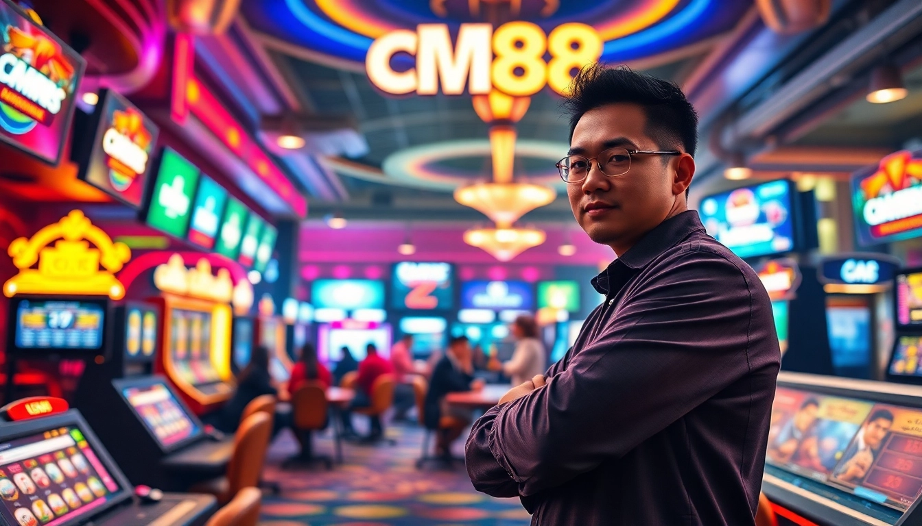 Vibrant casino scene showcasing CM 88 online gambling platform with players enjoying various games.