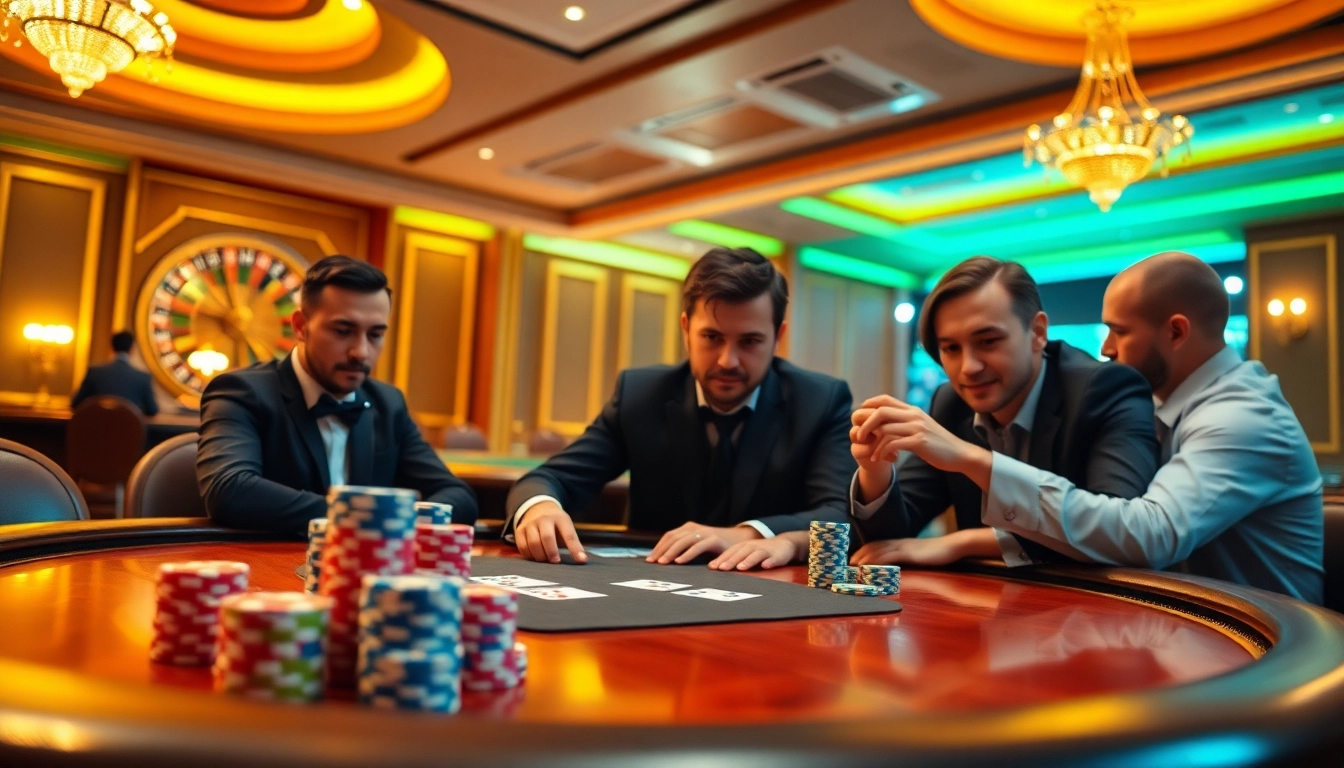 Players engaged in an intense poker game at MM99, showcasing casino excitement with vibrant chips and cards.