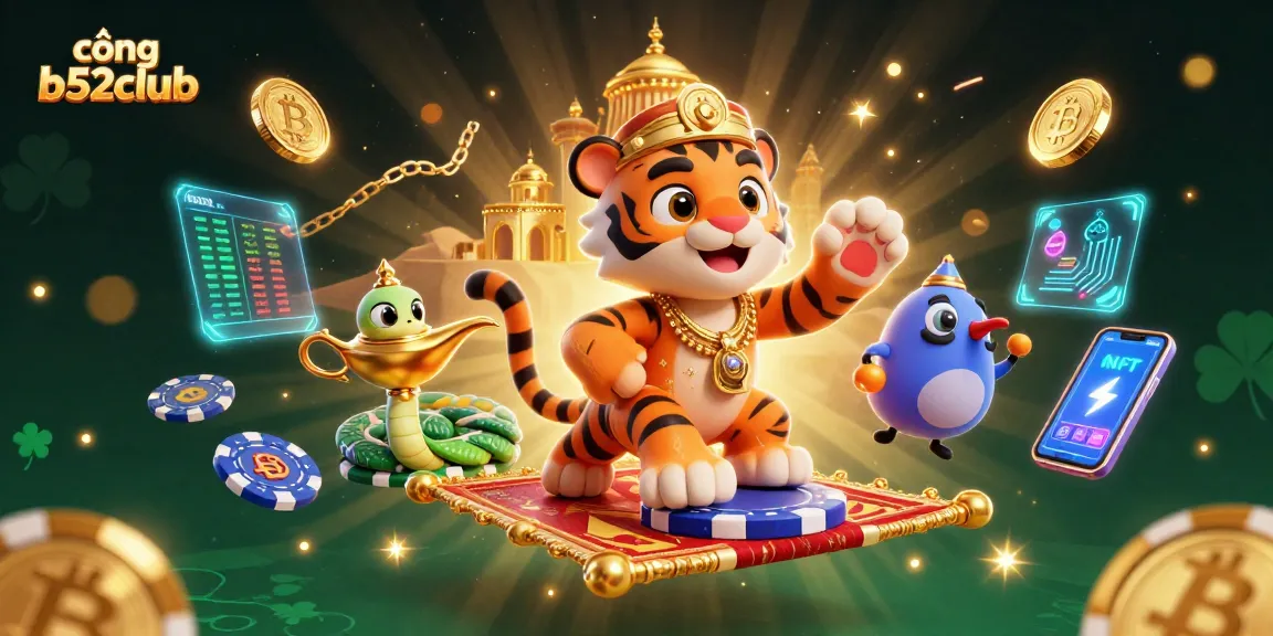 Win big at cổng b52club with a vibrant 3D scene featuring cartoon characters and digital currency elements.