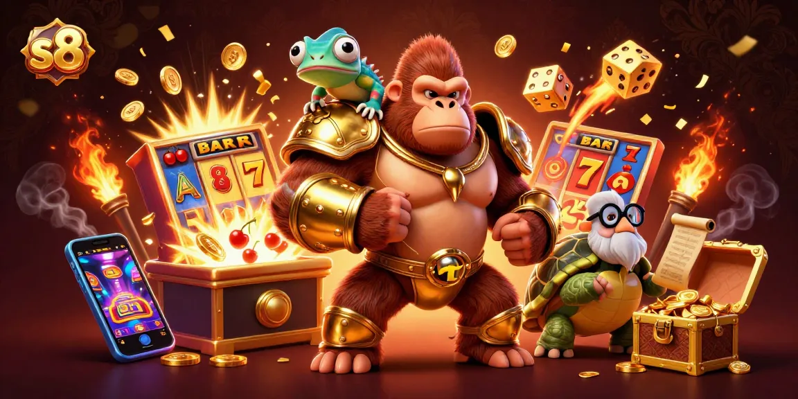 S8 platform showcases winning strategies with a gorilla king and chameleon companion amidst a jackpot explosion.
