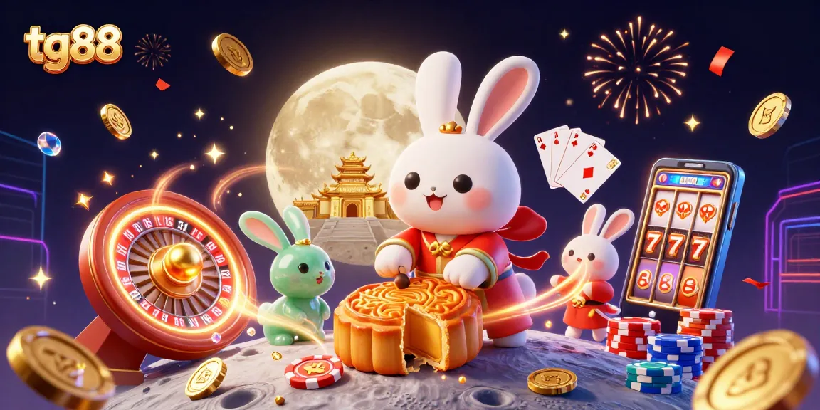 Experience thrilling wins at tg88 with our casino-themed cosmic illustration featuring a moon rabbit and poker chips.